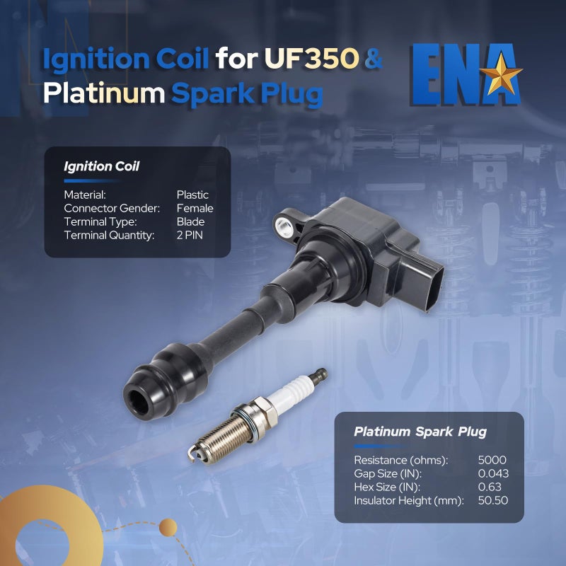 ENA Set of 4 Ignition Coils & Platinum Spark Plugs Pack for UF350 2.5L L4 Compatible with Nissan 2002 2003 2004 2005 2006 Sentra Altima 2005 2006 XTrail Replacement for 224488H310 C1398 6240 - Image 2